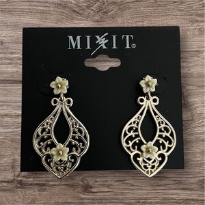 NEW Mixit Cream and Gold-Tone Filigree Tear Drop Earrings with Flower Accent